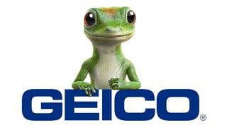 Cute green cartoon gecko with large eyes above GEICO logo in blue text