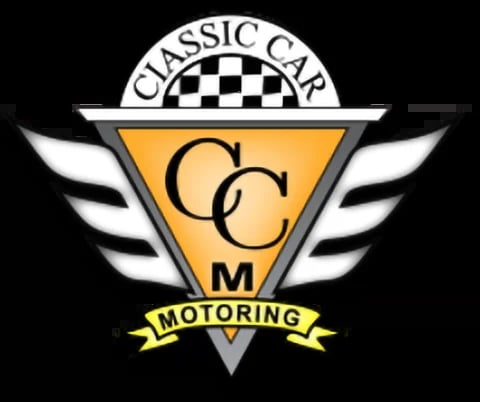 Classic Car Motoring logo featuring a gold triangle with white wings, checkered flag header, and CC initials