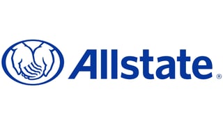 Allstate logo featuring blue hands cradling a person with Allstate text in blue